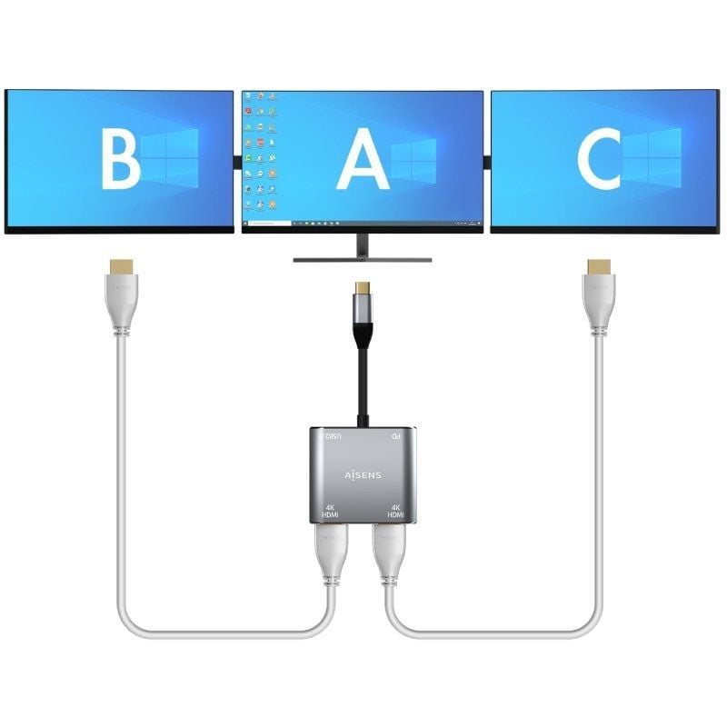 Conversor USB Tipo C Aisens A109-0625 / 2x HDMI 4K SST MST MST Fêmea - USB Tipo C Macho - USB Fêmea…