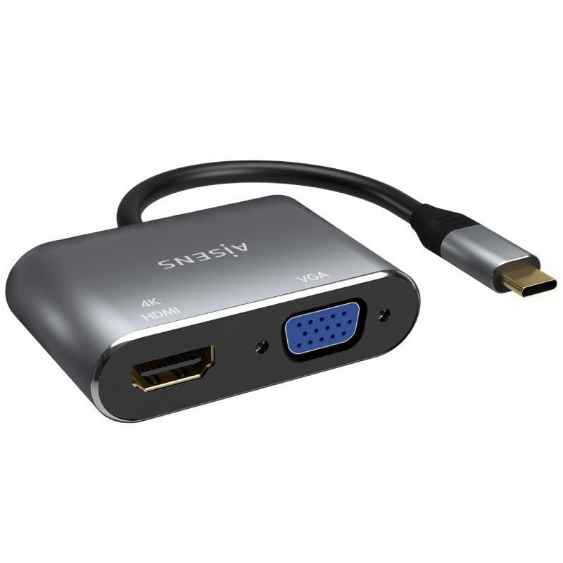 Conversor Aisens A109-0627 / HDMI Fêmea - VGA Fêmea - USB Tipo C Macho / 15cm / Cinzento