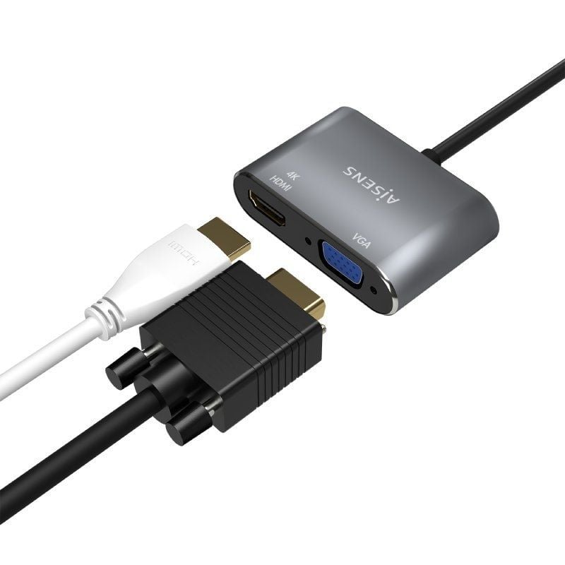 Conversor Aisens A109-0627 / HDMI Fêmea - VGA Fêmea - USB Tipo C Macho / 15cm / Cinzento