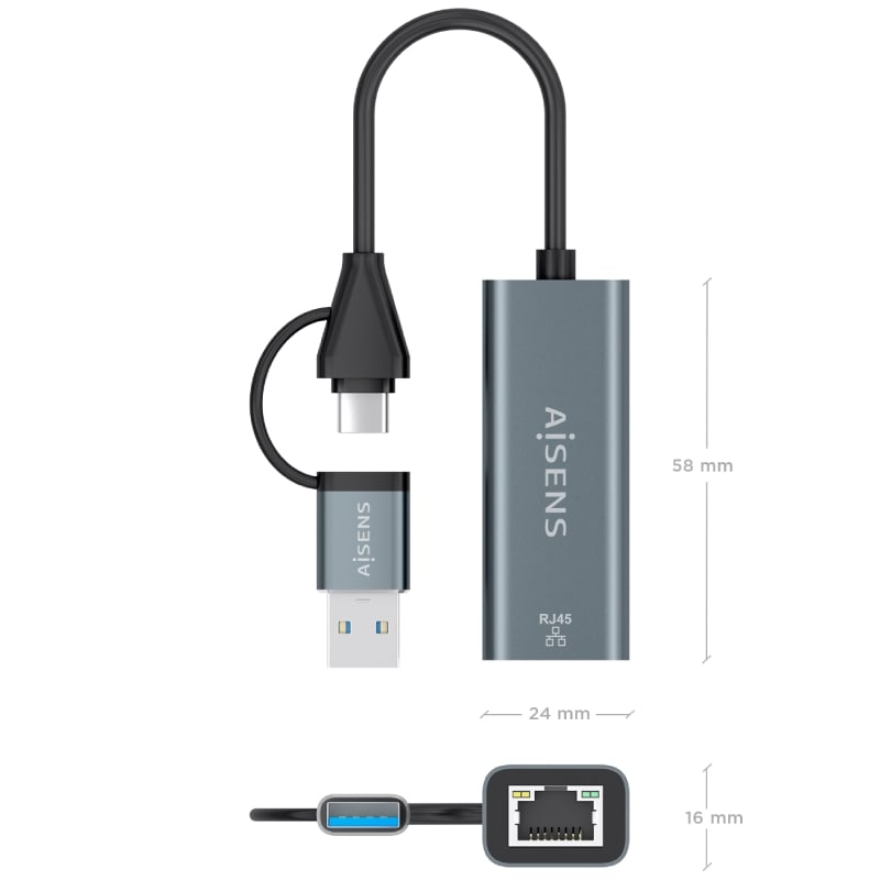 Adaptador USB + USB Tipo C 3.2 - RJ45 Aisens A109-1032 / 1000 Mbps