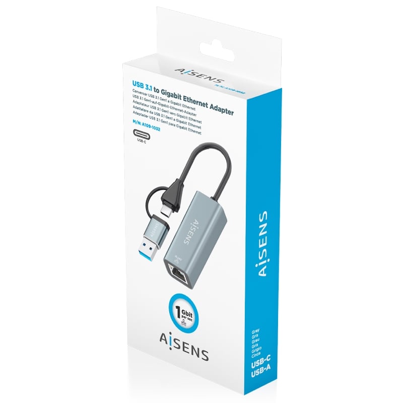 Adaptador USB + USB Tipo C 3.2 - RJ45 Aisens A109-1032 / 1000 Mbps