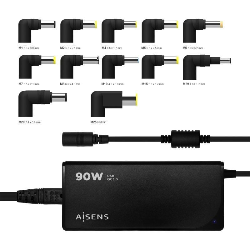 Carregador de Computador Portátil Aisens Aslc-90wauto-bk / 90W / Automático / 12 Conectores / Tensã…
