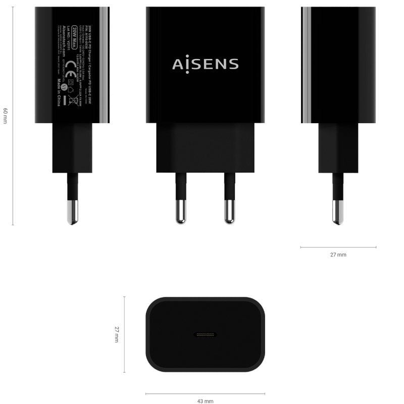 Carregador de Parede Aisens A110-0538 / 1xusb Type-c Pd3.0 / 20W / Preto