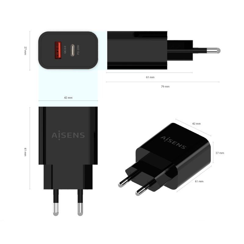 Carregador de Parede Aisens A110-0682 / 1xusb Type-c / 1x USB / 20W
