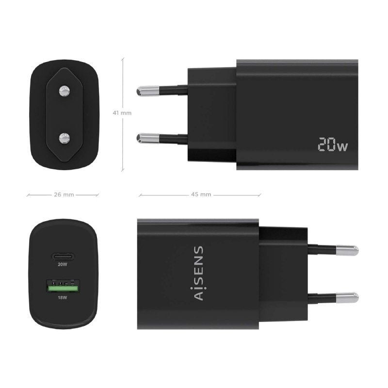 Carregador de Parede Aisens A110-0755 / 1xusb Type-c / 1xusb / 20W