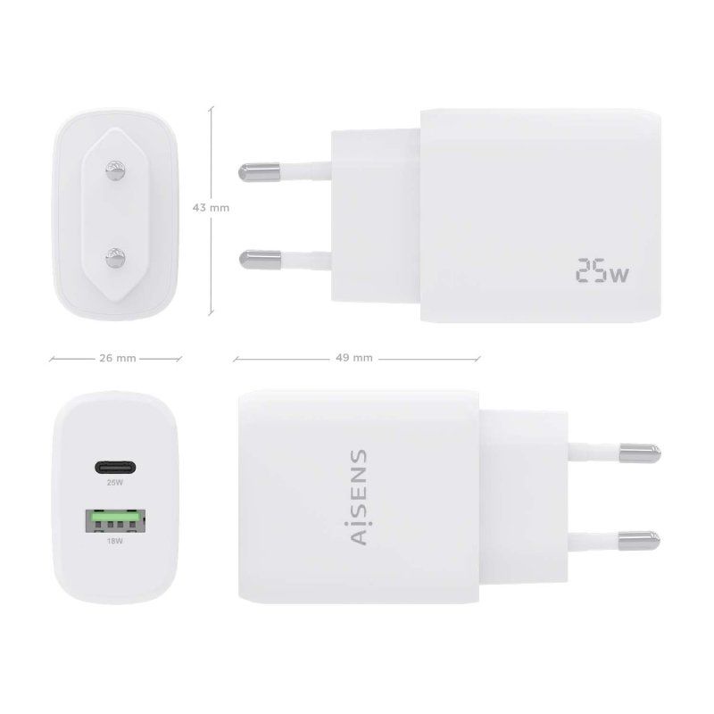 Carregador de Parede Aisens A110-0758 / 1xusb Type-c / 1xusb / 25W