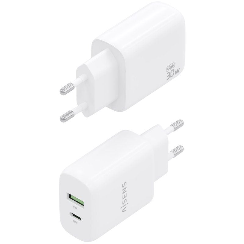 Carregador de Parede Gan Aisens A110-0923 / 1xusb Type-c / 1xusb / 30W / Branco