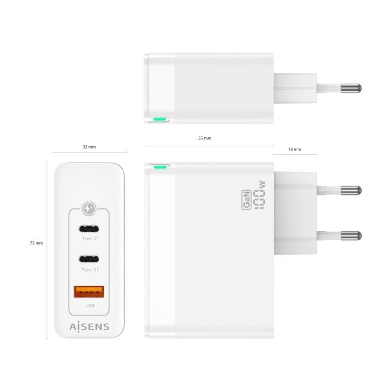 Carregador de Parede Gan Aisens Asch-100w3p008-w / 2xusb Type-c / 1x USB / 100W