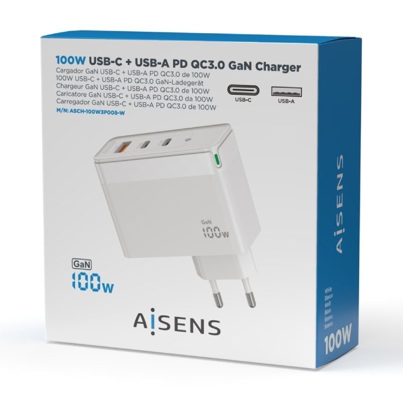 Carregador de Parede Gan Aisens Asch-100w3p008-w / 2xusb Type-c / 1x USB / 100W