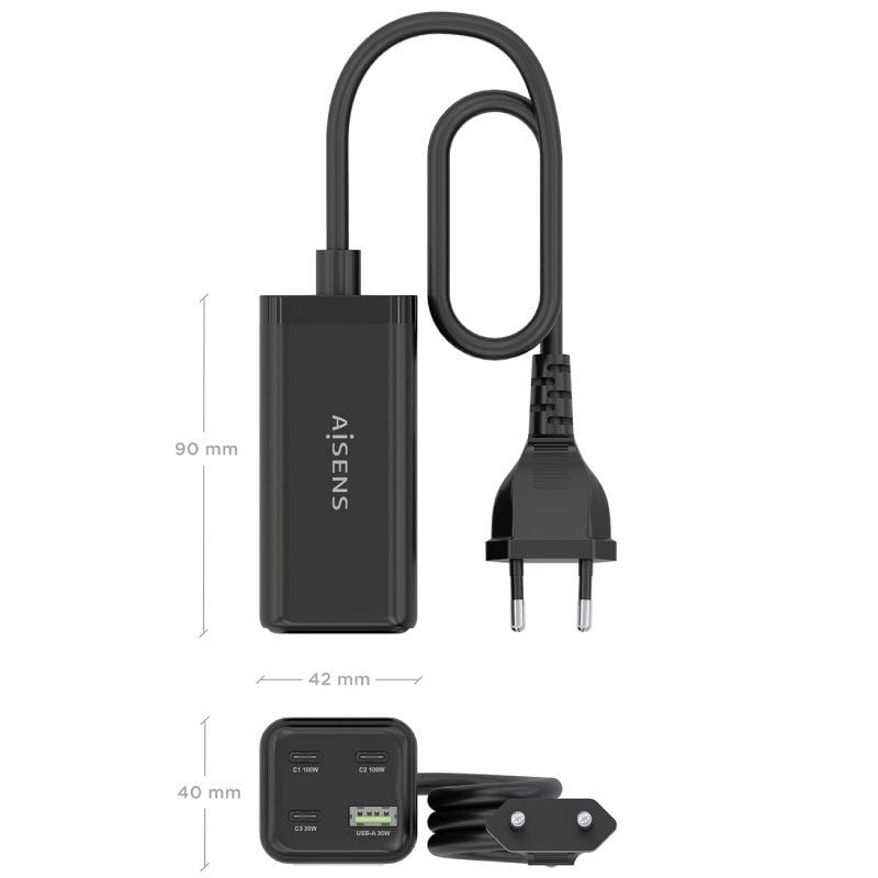 Carregador de Secretária Aisens Gan Asch-100w4p054-bk / 3xusb Tipo C / 1xusb / 100W