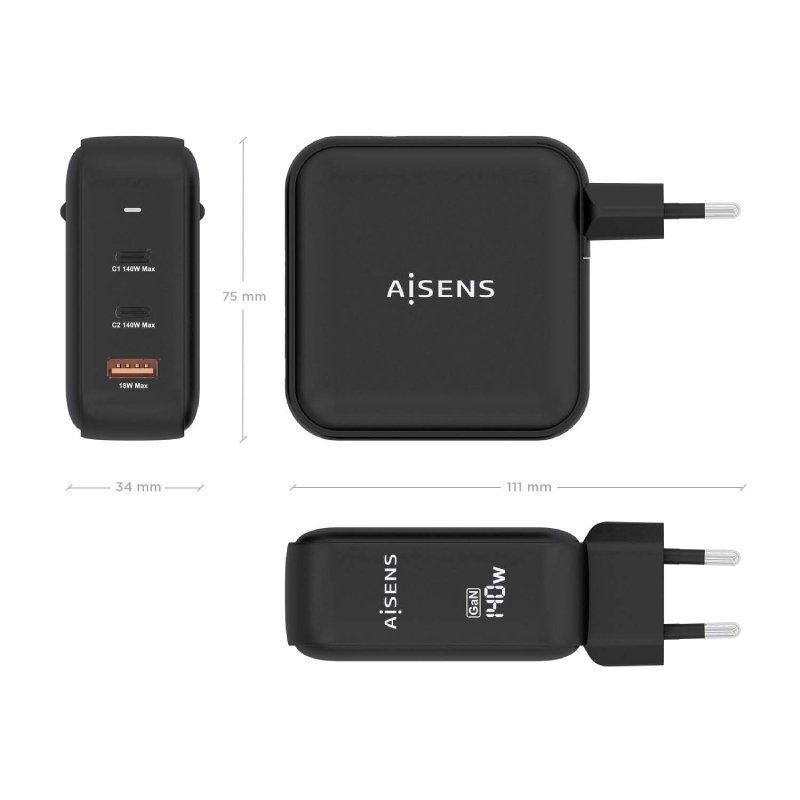 Carregador de Parede Gan Aisens Asch-140w3p031-bk / 2xusb Type-c / 1xusb / 140W