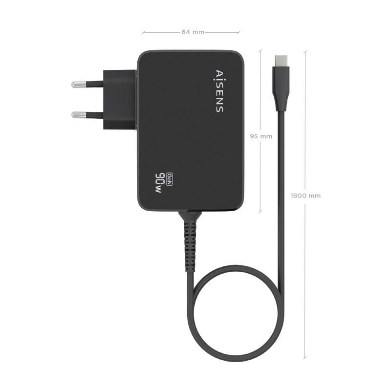 Carregador de Parede Gan Aisens Asch-1pd90wl034-bk / 1xusb Type-c + Cabo 1,8m / 90W