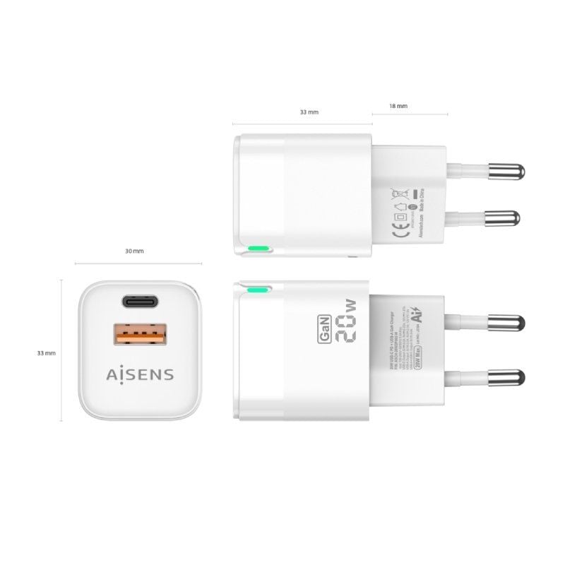 Carregador de Parede Gan Aisens Asch-20w2p002-w / 1xusb Type-c / 1xusb / 20W