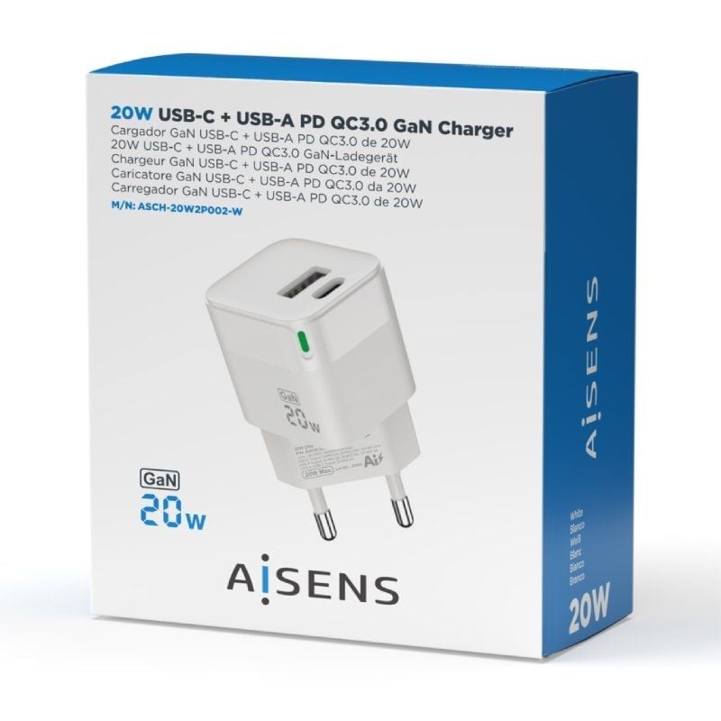 Carregador de Parede Gan Aisens Asch-20w2p002-w / 1xusb Type-c / 1xusb / 20W