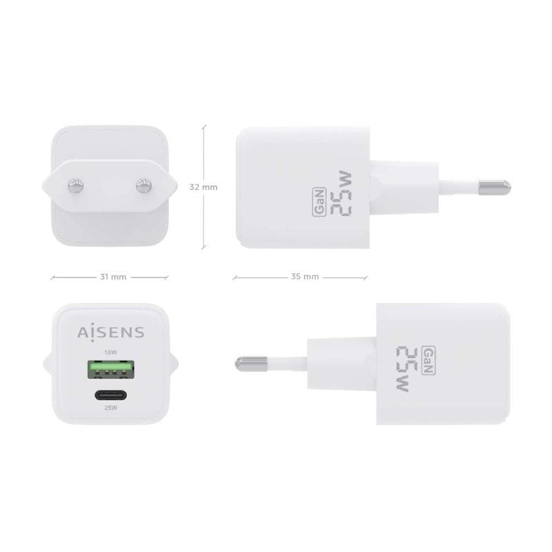 Carregador de Parede Gan Aisens Asch-25w2p014-w / 1xusb Type-c / 1xusb / 25W