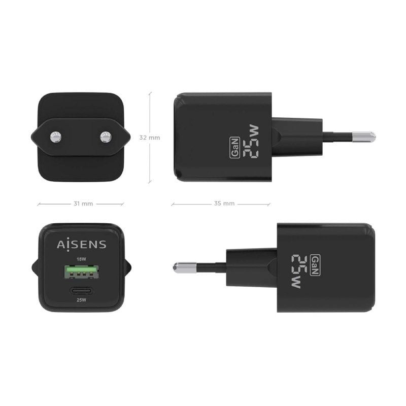 Carregador de Parede Gan Aisens Asch-25w2p015-bk / 1xusb Type-c / 1xusb / 25W