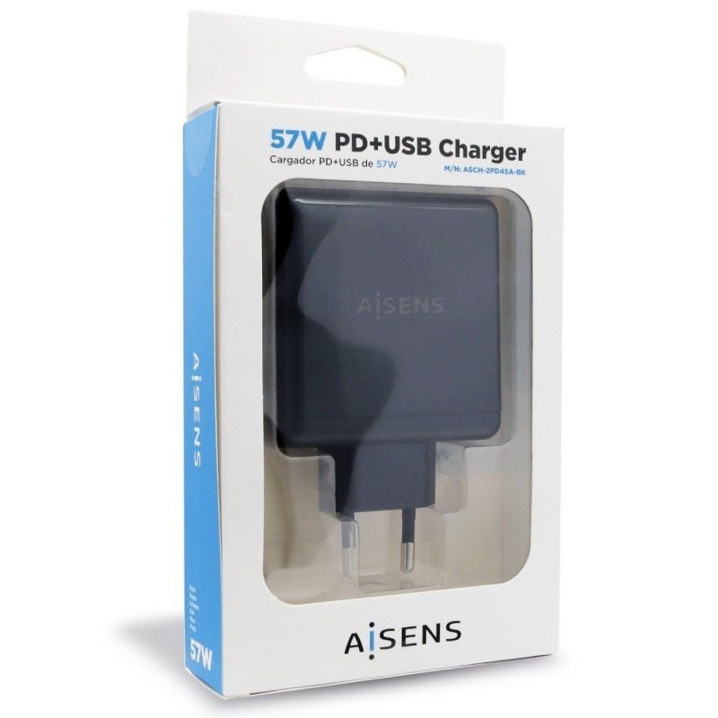 Carregador de Parede Aisens Asch-2pd45a-bk / 1xusb Type-c / 1x USB / 57W