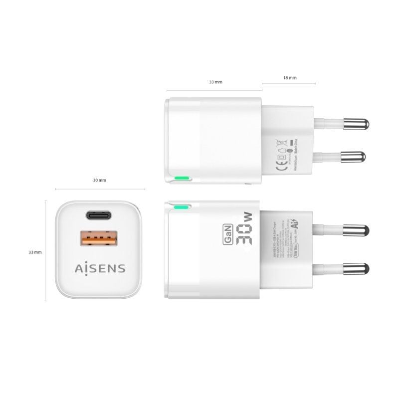 Carregador de Parede Gan Aisens Asch-30w2p004-w / 1xusb Type-c / 1xusb / 30W