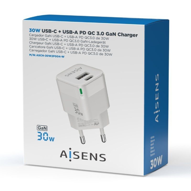 Carregador de Parede Gan Aisens Asch-30w2p004-w / 1xusb Type-c / 1xusb / 30W