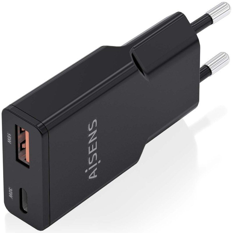 Carregador de Parede Gan Aisens Asch-30w2p047-bk / 1xusb Type-c / 1xusb / 30W / Preto