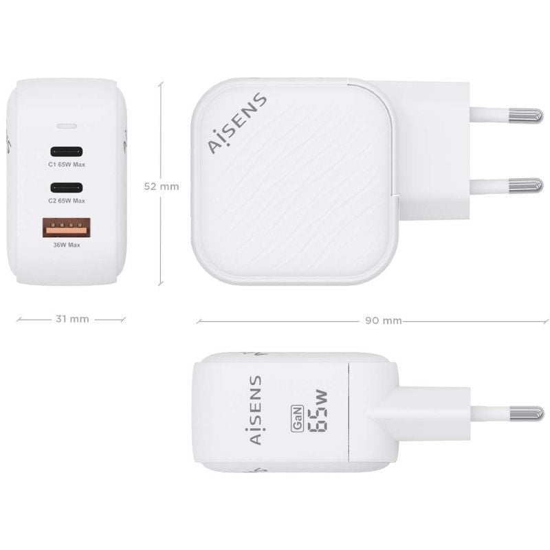 Carregador de Parede Gan Aisens Asch-65w3p026-w / 2xusb Type-c / 1xusb / 65W