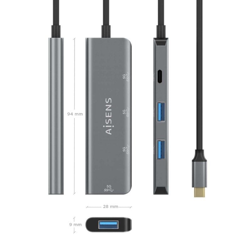 Concentrador USB Tipo C Aisens A109-0762 / 3xusb / 1xusb Tipo C / Cinzento