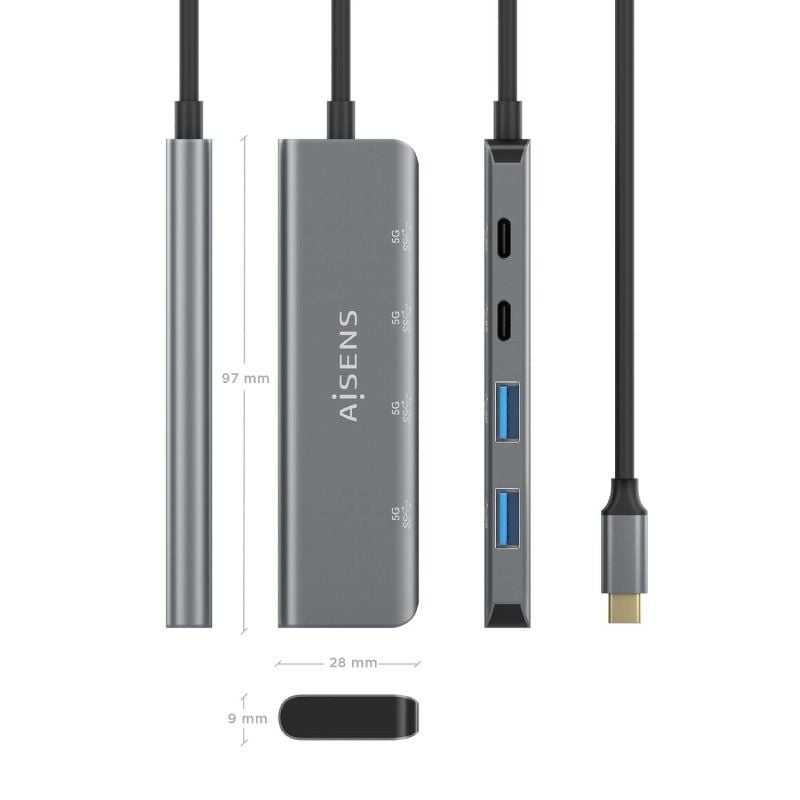 Concentrador USB Tipo C Aisens A109-0763 / 2xusb / 2xusb Tipo C / Cinzento