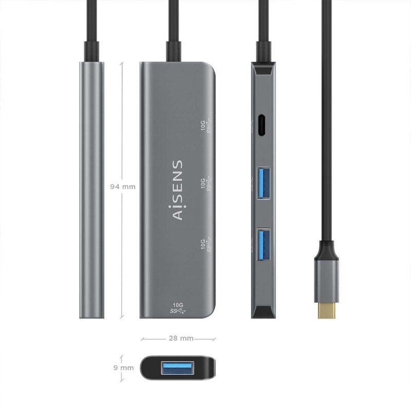 Concentrador USB Tipo C Aisens A109-0764 / 3xusb / 1xusb Tipo C / Cinzento