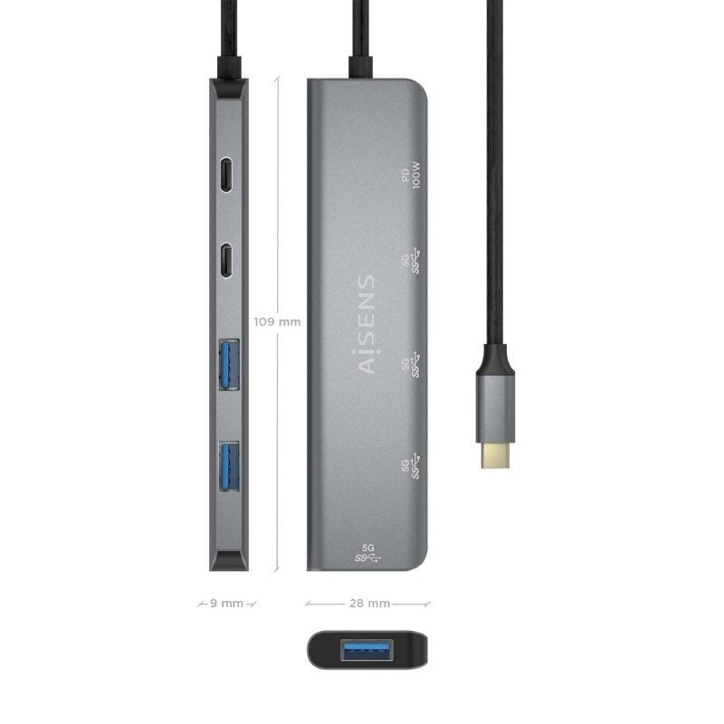 Concentrador USB Tipo C Aisens A109-0857 / 3xusb / 1xusb Tipo C / 1xusb Tipo C PD / Cinzento