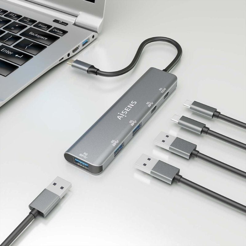 Concentrador USB Tipo C Aisens A109-0857 / 3xusb / 1xusb Tipo C / 1xusb Tipo C PD / Cinzento