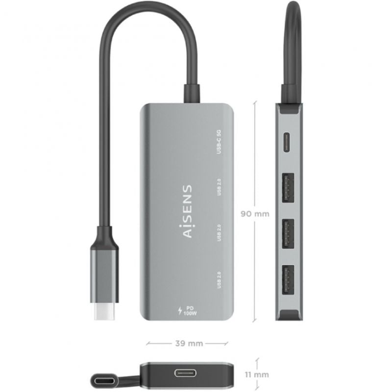 Concentrador USB Tipo C Aisens A109-0945 / 3xusb / 1xusb Tipo C / 1xusb Tipo C PD / Cinzento