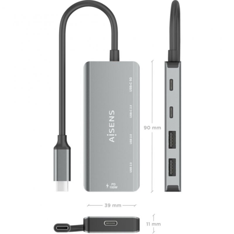 Concentrador USB Tipo C Aisens A109-0946 / 2xusb / 2xusb Tipo C / 1xusb Tipo C PD / Cinzento