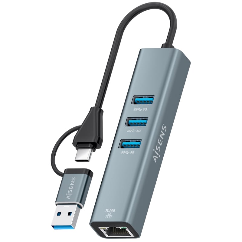Hub USB + USB Tipo C 3.2 Aisens A109-1033 / 3xusb / 1xrj45 / Cinzento