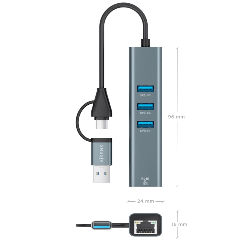 Hub USB + USB Tipo C 3.2 Aisens A109-1033 / 3xusb / 1xrj45 / Cinzento