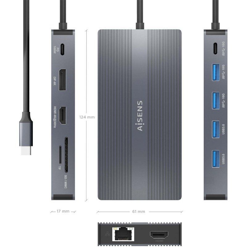 Base de Ligação USB Tipo C Aisens Asuc-12p017-gr / 2xhdmi / 4xusb / 1xusb Tipo C / 1xrj45 / 1xdispl…