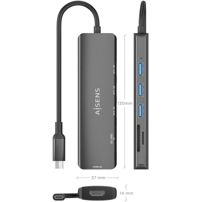 Base de Ligação USB Tipo C Aisens Asuc-6p024-gr / 1xhdmi 4K / 3xusb / 1xleitor de Cartões / Cinzento