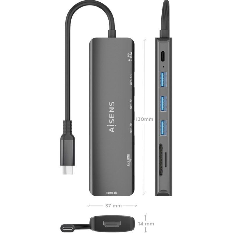 Base de Ligação USB Tipo C Aisens Asuc-7p025-gr / 1xhdmi / 3xusb / 1xusb Tipo C PD / 1xleitor de Ca…