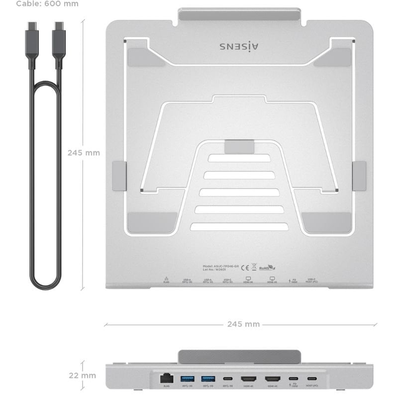 Suporte de Secretária - Base de Ligação USB Tipo C Aisens Asuc-7p046-gr / 2xusb / 1xusb Tipo C / 2x…