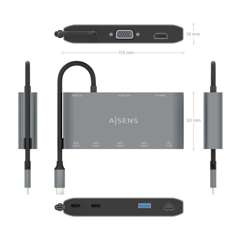 Base de Ligação USB Tipo C Aisens Asuc-8p010-gr / 1xhdmi / 1xvga / 2xusb / 1xrj45 / 2xusb Tipo C /…