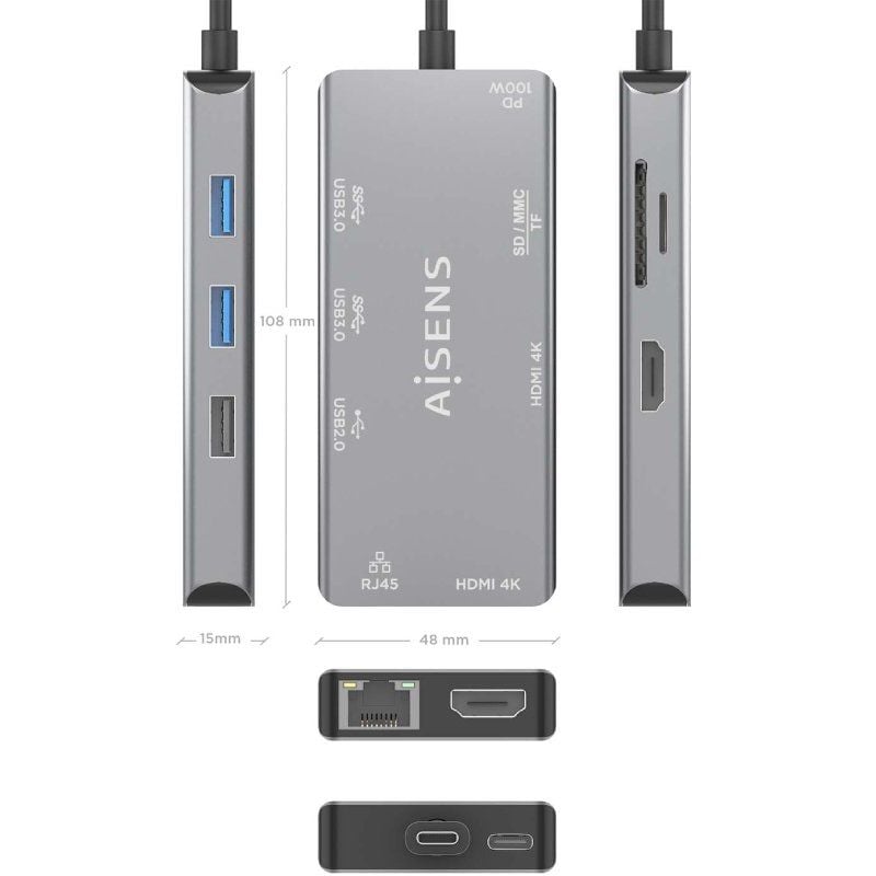 Base de Ligação USB Tipo C Aisens Asuc-9p018-gr / 2xhdmi / 3xusb / 1xrj45 / 1xleitor de Cartões / 1…