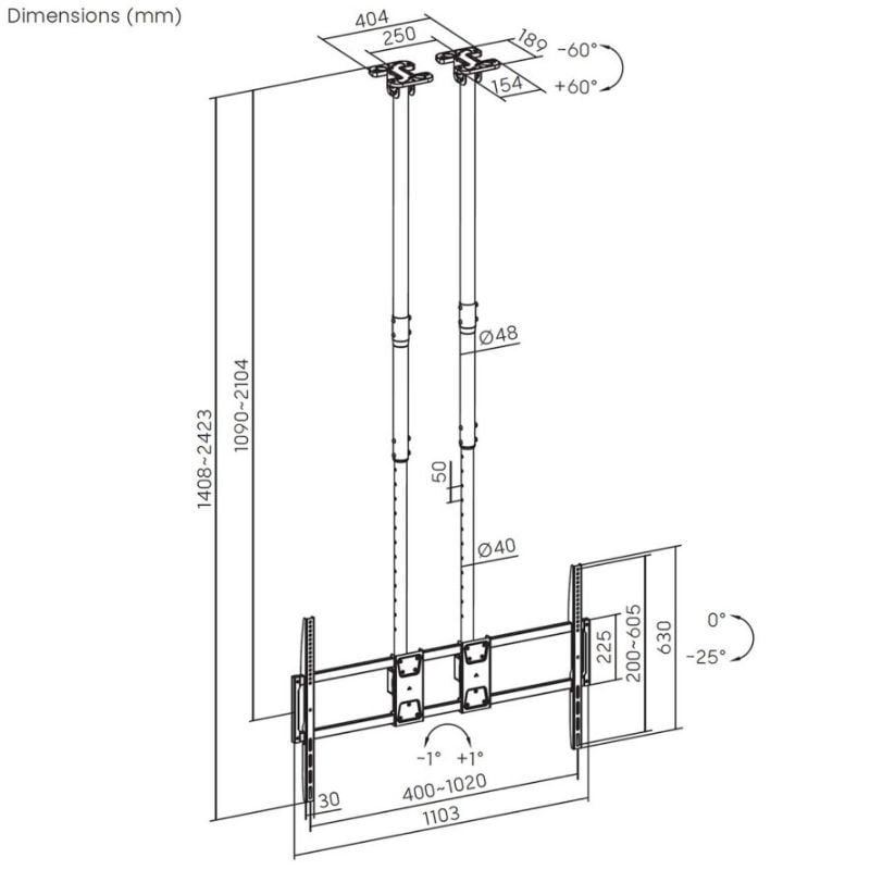 Aisens Ct120tle-395 Suporte de Teto Inclinável / Giratório / Nivelador para TV 60-120" / Até 120kg