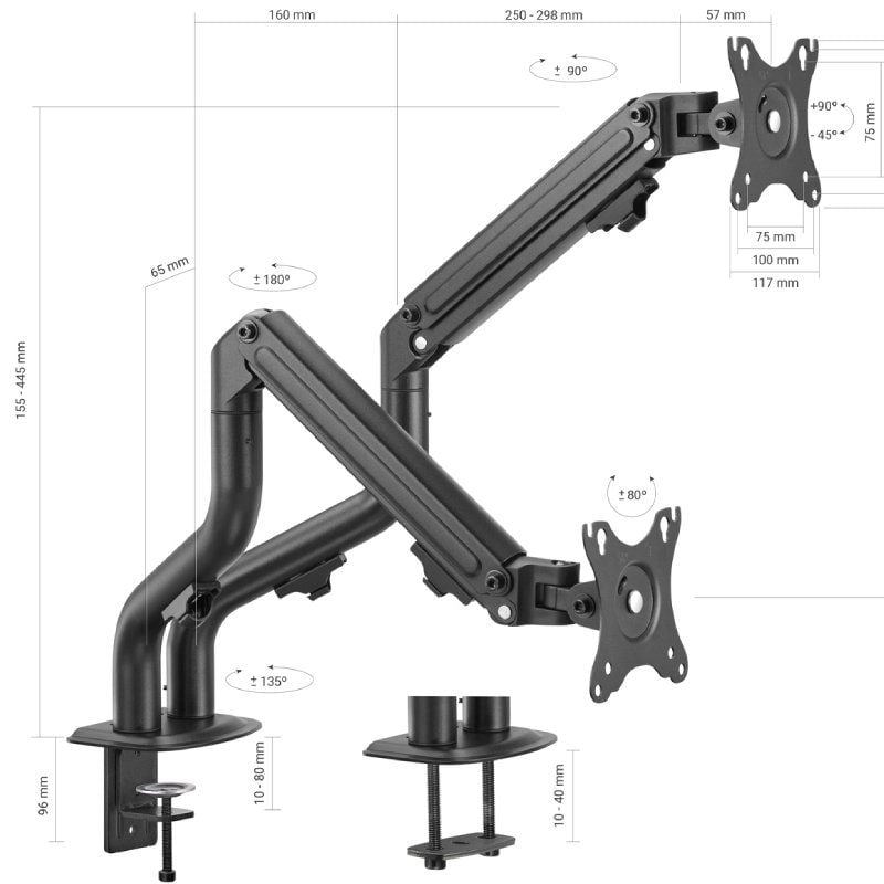 Suporte de Mesa para 2 Monitores Aisens Dt32tsr-141 / Giratório / Inclinado / Até 8kg