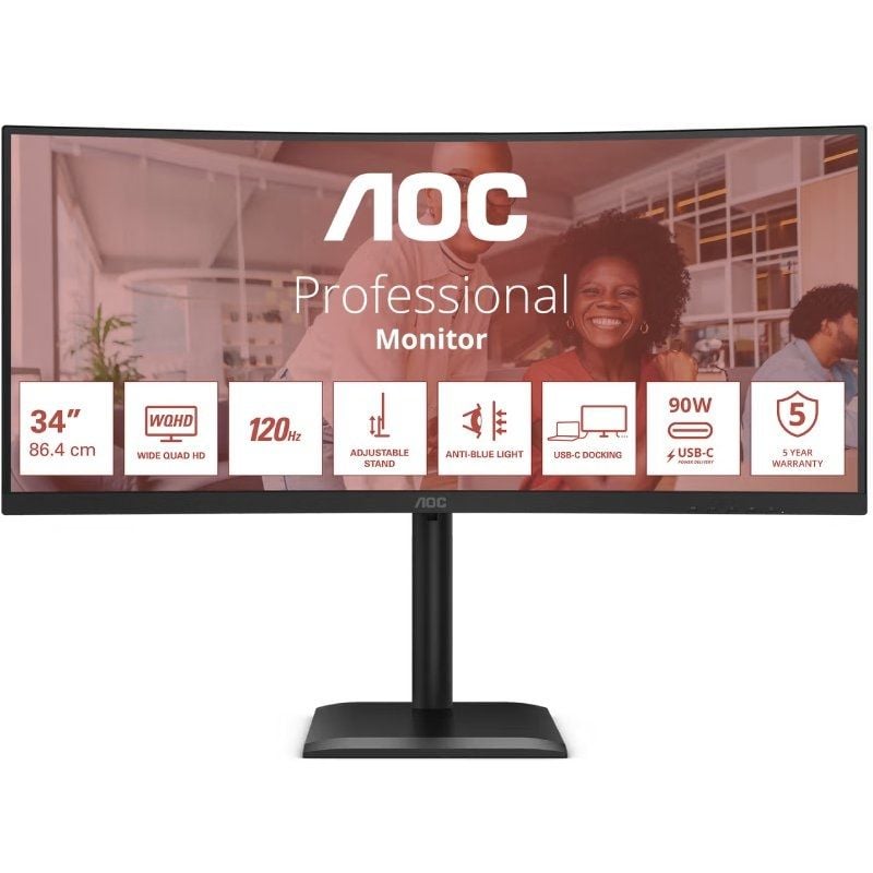 Monitor Profissional Ultra Largo Curvo AOC CU34E4CV 34" / WQHD / Multimédia / Ajustável em Altura /…