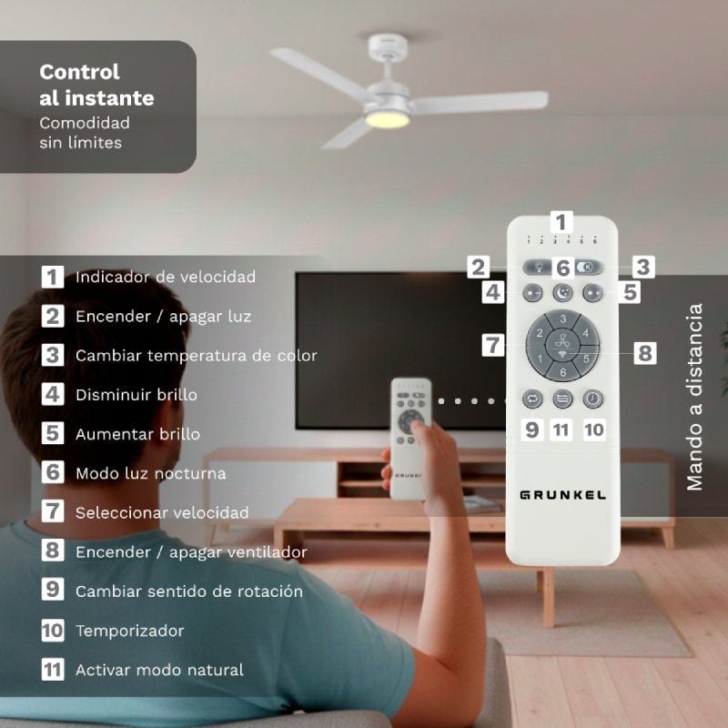 Ventilador de Teto Grunkel SKYEASY52 / 30 W / 3 Pás de 132 Cm / 6 Velocidades