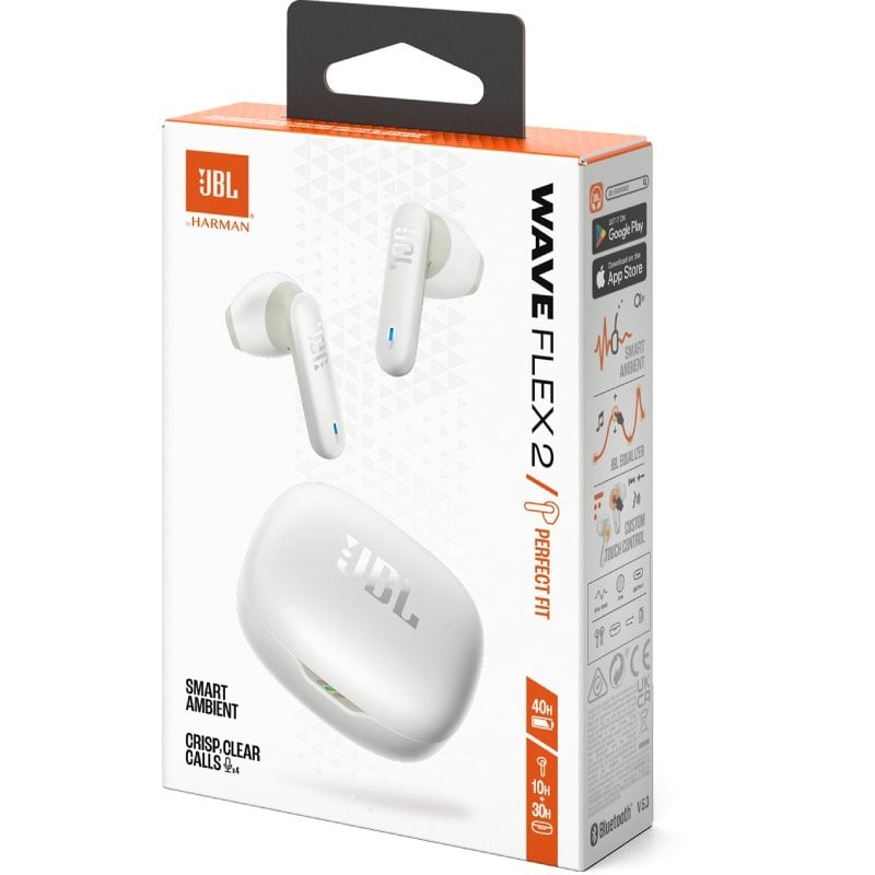 Auscultadores JBL Wave Flex 2 Bluetooth com Estojo de Carregamento / 10h de Autonomia / Branco