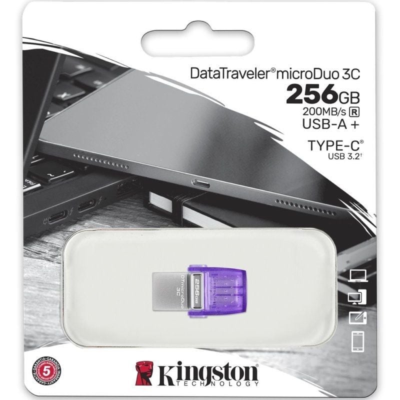 Unidade Flash Kingston Datatraveler Microduo 3C USB 3.2 256GB USB 3.2