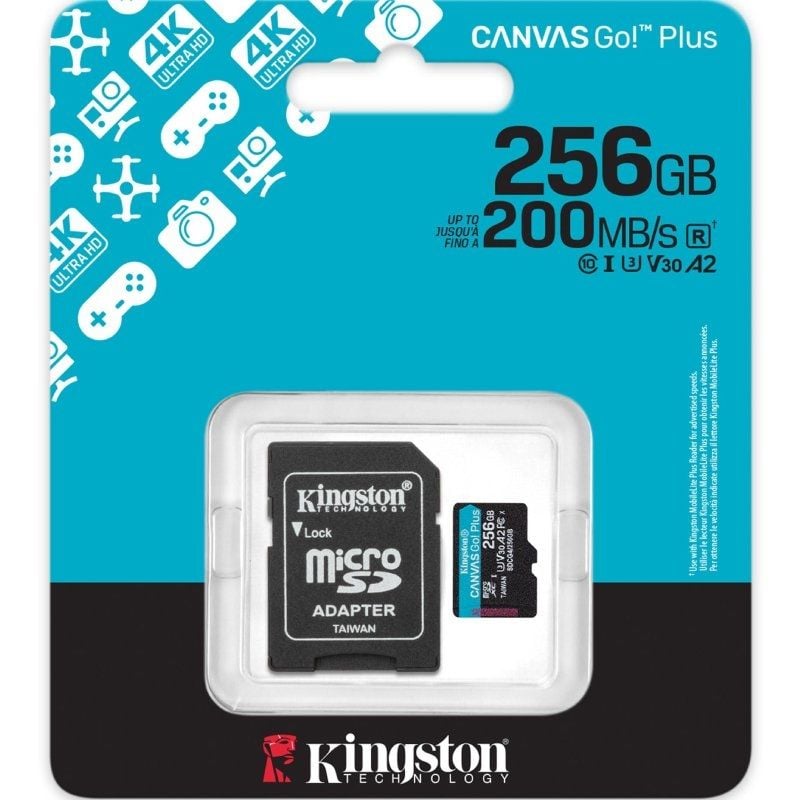 Cartão de Memória Kingston CANVAS Go! Plus 256GB Microsd XC com Adaptador / Classe 10 / 200mbs