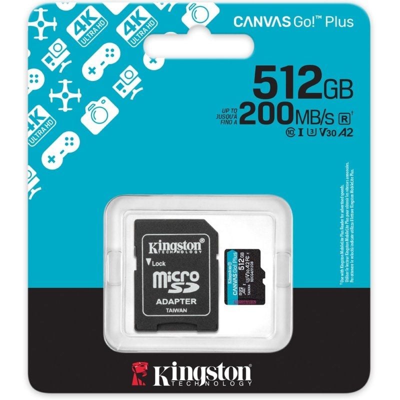 Cartão de Memória Kingston CANVAS Go! Plus 512GB Microsd XC com Adaptador / Classe 10 / 200mbs