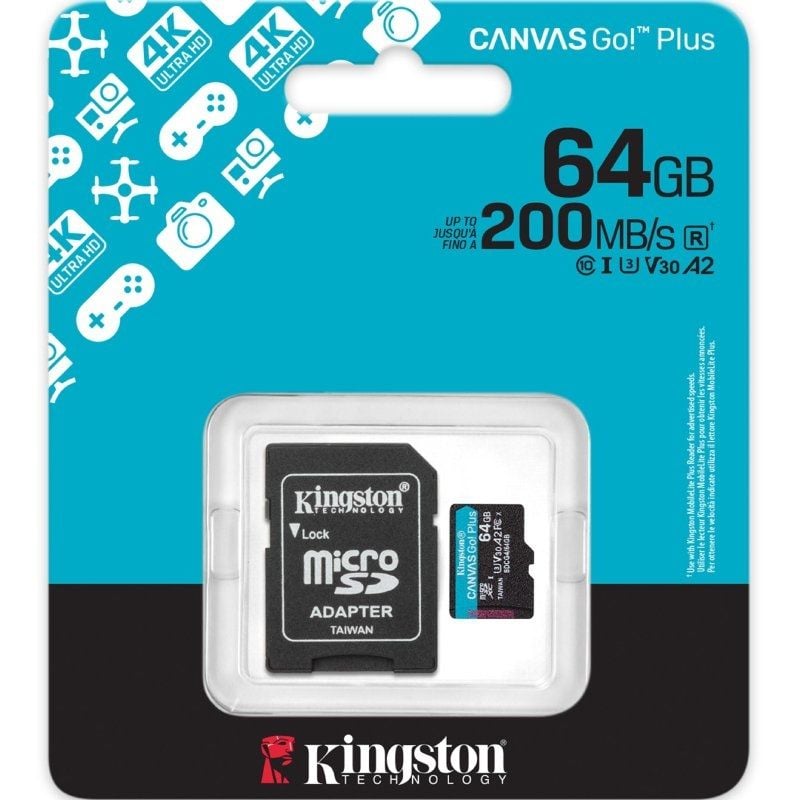 Cartão de Memória Kingston CANVAS Go! Plus 64GB Microsd XC com Adaptador / Classe 10 / 200mbs