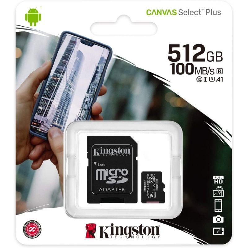 Cartão de Memória Microsd XC Kingston CANVAS Select Plus 512GB com Adaptador / Classe 10 / 100mbs